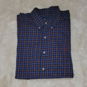Ralph Lauren Men's Navy & Red Classic Fit Checkered Plaid Button Down Shirt Sz L